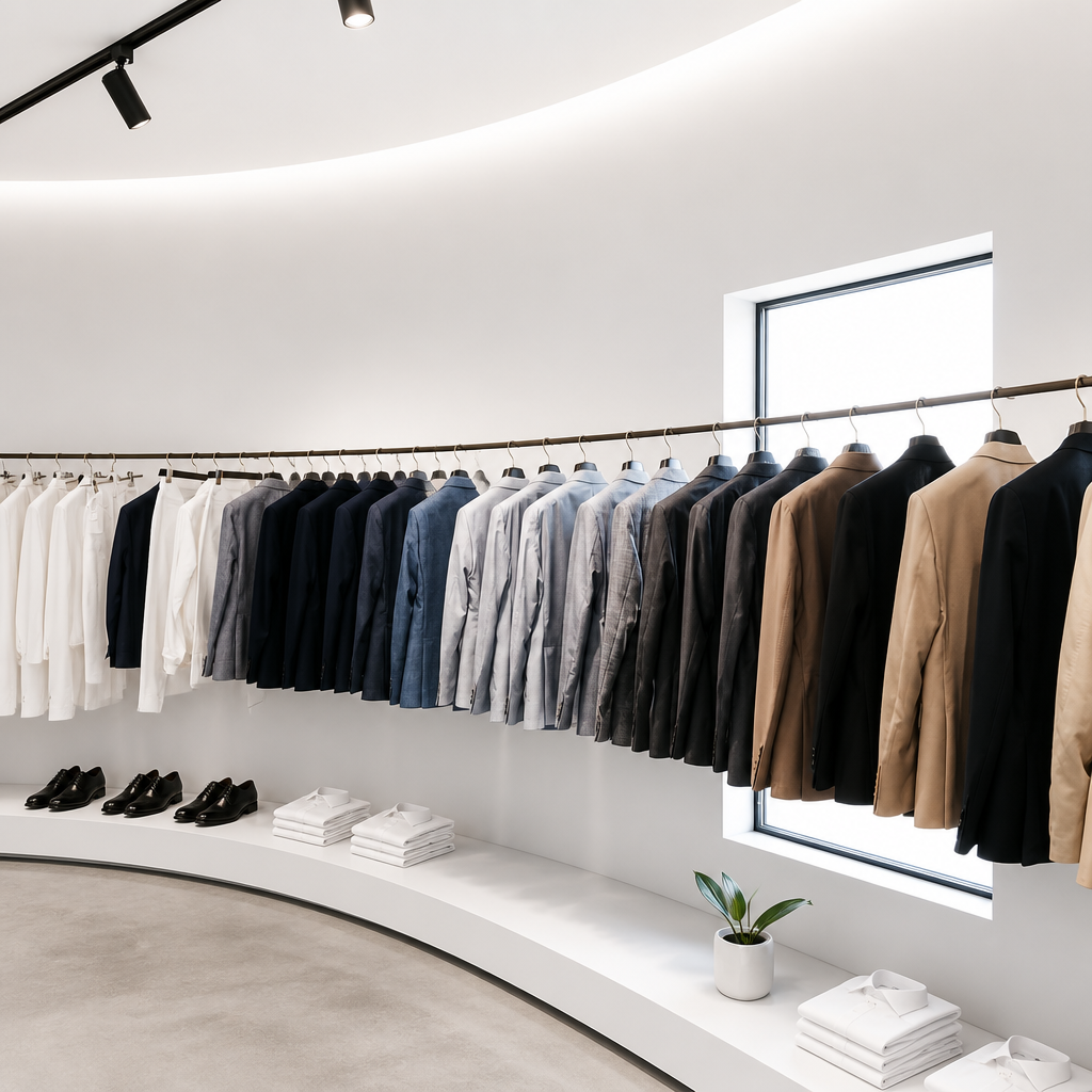 Interno boutique con selezione di giacche e camicie esposte.