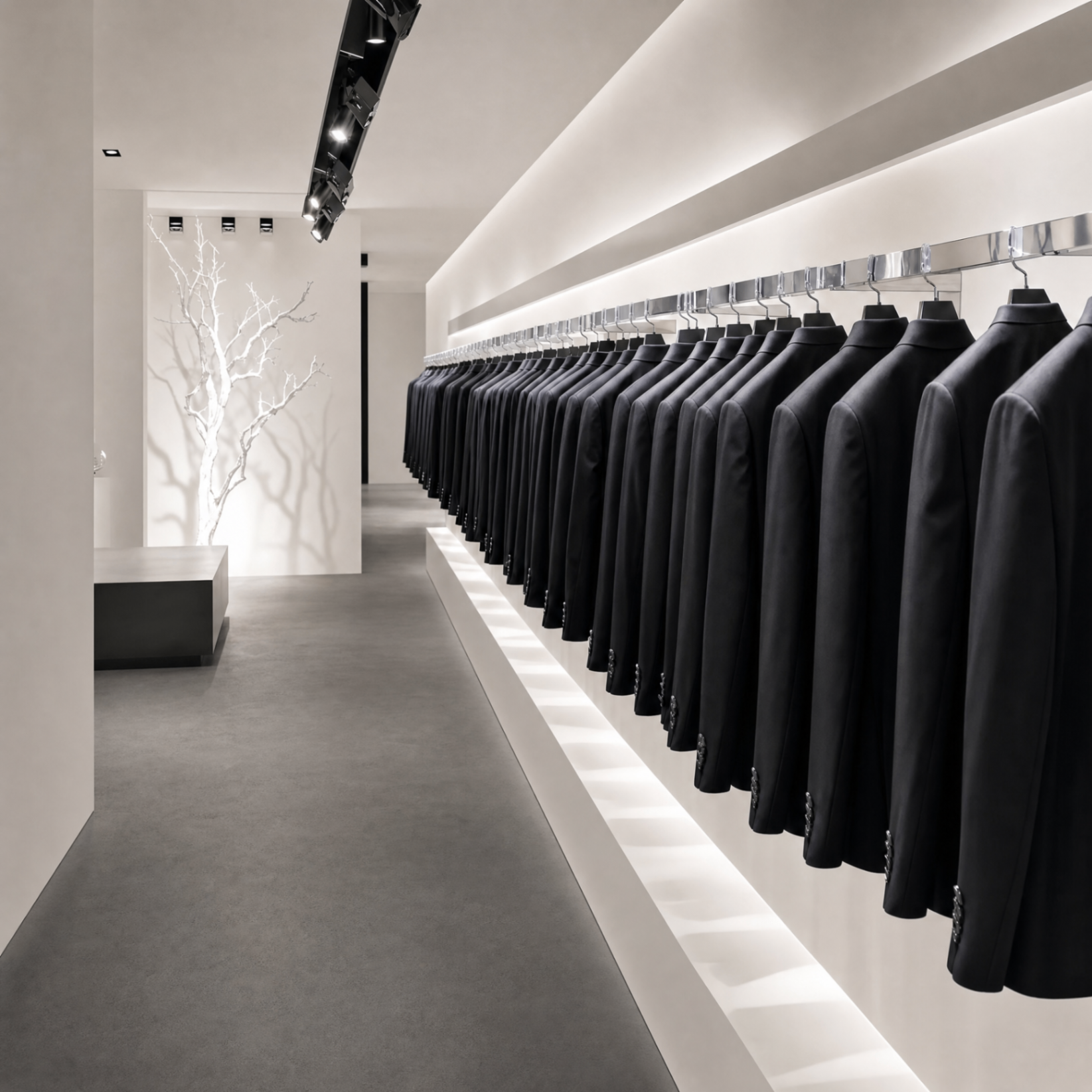 Look uomo blu fotografato tra capi e accessori selezionati in boutique.